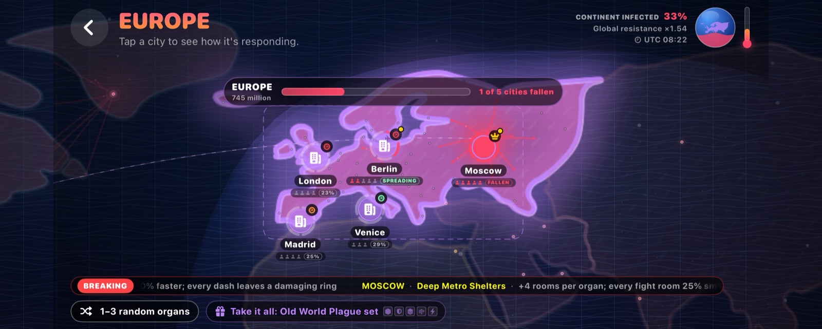 Pandemic Game Mode, zoomed into Europe